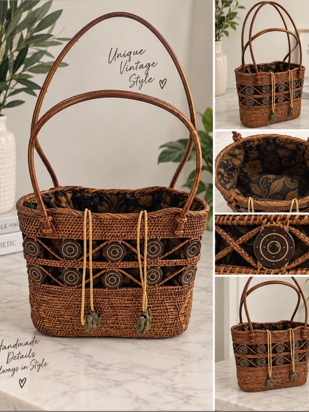 Woven Straw Tote Bag with Beaded Accent - Brown
